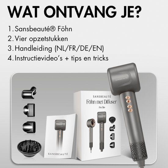 Sansbeauté® Föhn met Diffuser - Krullen - 110.000RPM - Ionische Haardroger met Borstel - 4 Opzetstukken – Reisföhn - Krul Feun Set - Sèche Cheveux - Haarföhn met Defuser - Hair Blow Dryer - 1600W