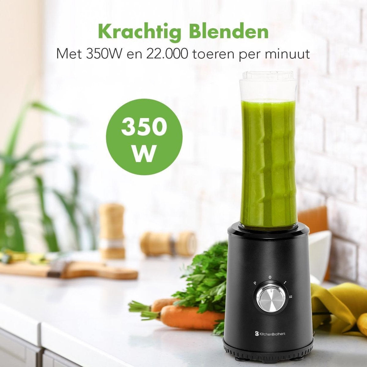 KitchenBrothers Mini Blender - Smoothie Maker - 2 To-Go Bekers - 350W - Zwart