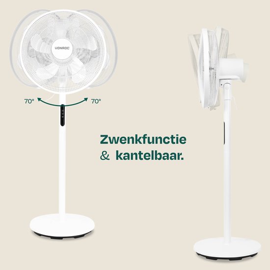 VONROC Vloerventilator - Ø 45,5cm - 4 snelheden & slaapmodus – timer - verstelbaar in 3 hoogtes - incl. afstandsbediening - wit