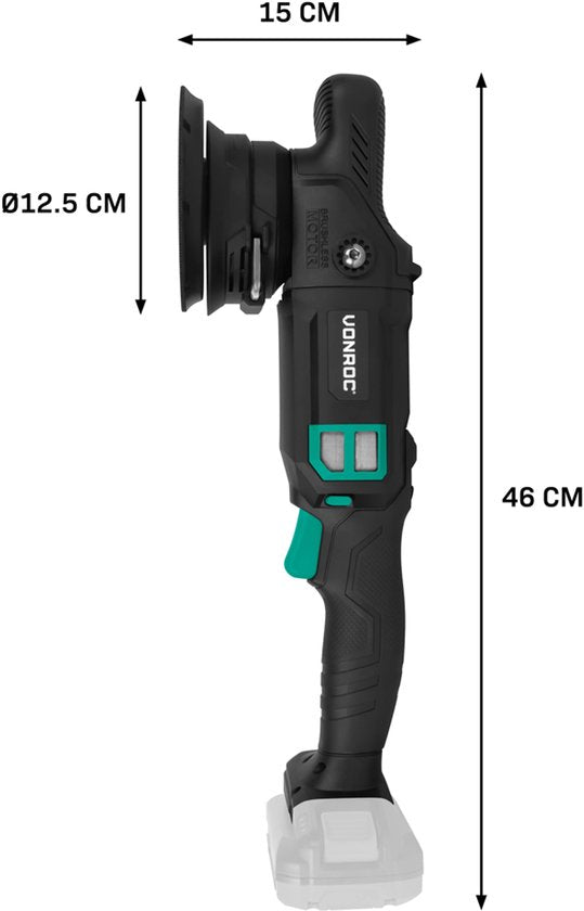 VONROC PRO Excentrische Polijstmachine 20V - Ø 125mm - Brushless motor – 7 snelheden (2000-5000/min) - Soft Start - Incl. Steunschijf - Excl. Accu en snellader