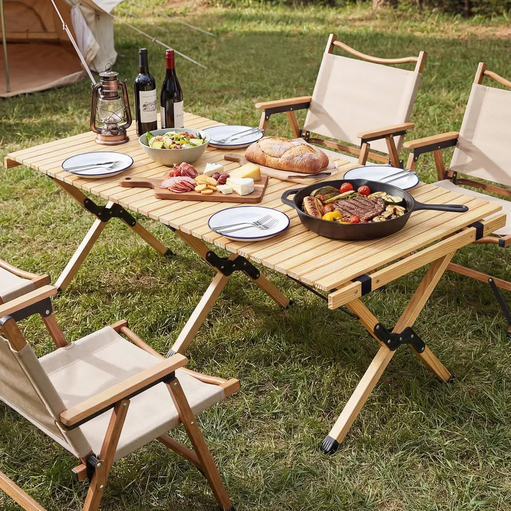 Coast Opvouwbare Campingtafel 122 × 60 × 45 cm – Houten Picknicktafel voor 4-6 Personen met Oprolbaar Tafelblad & Draagtas – Naturel