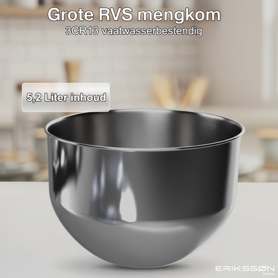 Erikssøn Kitchen Keukenmachine - 8 Snelheidsstanden Met Timer - 5L Mixer met Mengkom - 1400W - Zwart