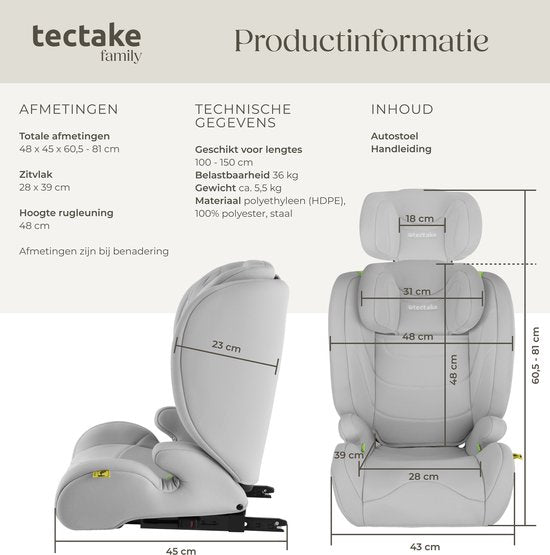 tectake® Kinderautostoeltje i-Size Goedgekeurd - ISOFIX Autostoel tot 36 kg - Veiligheid en Comfort voor Kinderen- YB805A - lichtgrijs