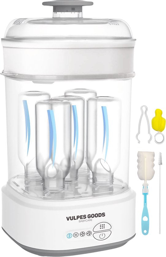 Vulpes Goods® - Flessen Sterilisator - 5-in-1 Functie - Met Droogfunctie & Warmhoudstand - Voor Babyflessen & Borstkolven - BPA-vrij - Kunststof & Wit