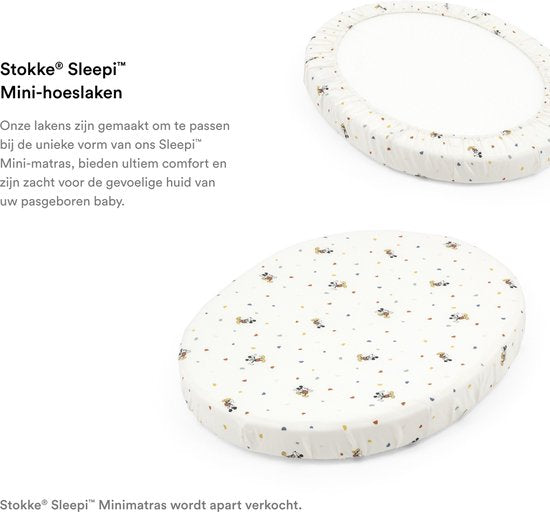 Stokke Sleepi Mini Hoeslaken, Mickey Celebration - Zachte lakens voor zoete dromen - Gemaakt voor het Ovale Sleepi Mini Matras - Veilig, Stijlvol & Wasbaar - 100% Fijn Perkaal Katoen