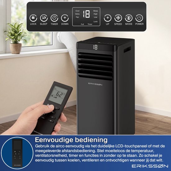 Erikssøn Mobiele Airco - 10.000 BTU - Incl. Raamafdichtingskit - Tot 30m² - 4-in-1 - Airconditioning - Ventilator - Ontvochtiger - Zwart