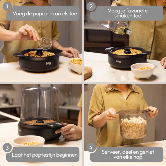 Gadgy Premium Popcornmachine – Popcornmaker - Vers & Huisgemaakt Popcorn in 4–5 Minuten - 500W - Zwart