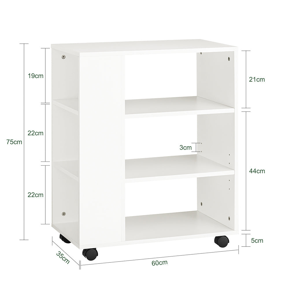 printertafel met 7 legplanken, rolcontainer, kantoorwagen, zijspan Documentenwagen, Wit, B x h x D, ca. Afmeting: 60 x 75 x 35 cm
