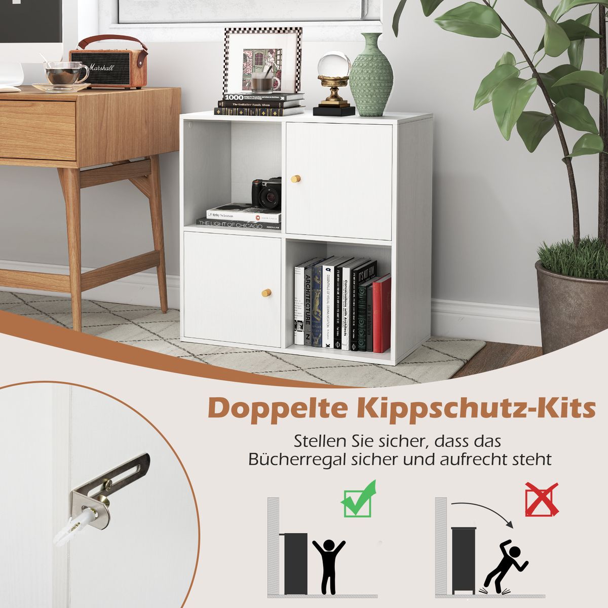 Coast Boekenkast met 4 vakken - met kantelbeveiliging - 2 deuren - wit - 60 x 29 x 60 cm