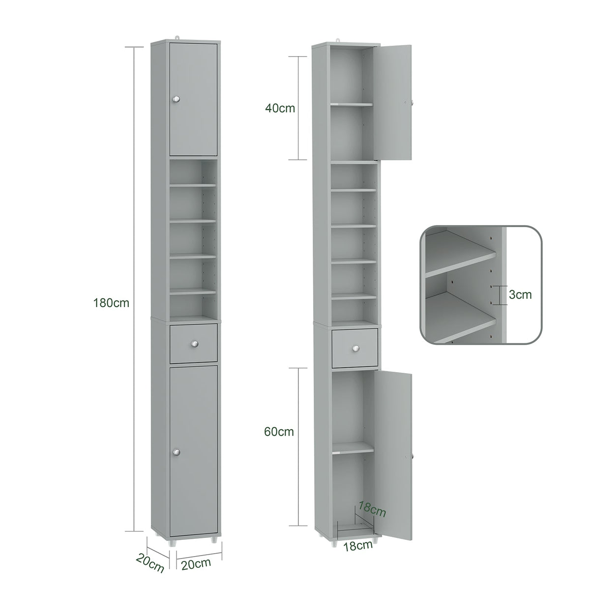 SoBuy BZR34-II-HG Hoge Badkamerkast - Smal Vrijstaand Badkamermeubel - Waterbestendig MDF - 20x20x180 cm - Grijs
