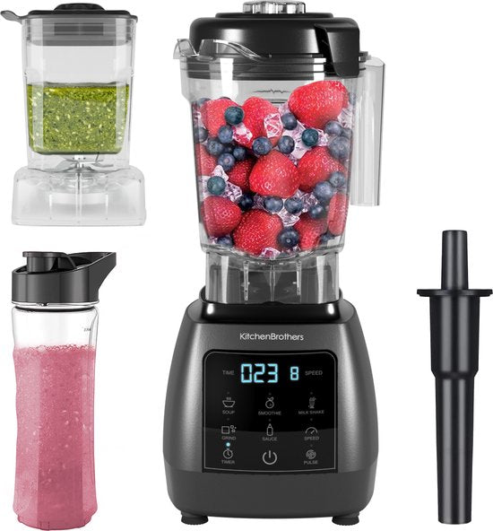 KitchenBrothers 2-in-1 Power Blender - 1600W - 2L - Complete Set met Hakmolen en To-go Beker - Smoothie Maker - IJscrusher - Metallic Grijs