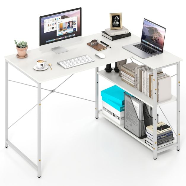 Coast Omkeerbaar L-vormig Hoekbureau met 2 Planken – 118 x 86 x 74 cm – Wit