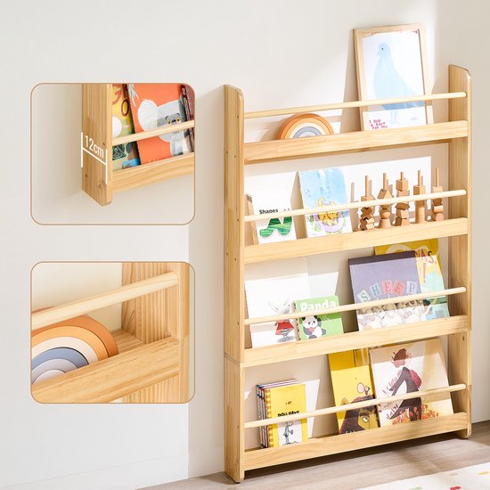 SoBuy KMB08-N Boekenkast voor kinderen, 4 niveaus, meubels, opslag, speelgoed, boekenkast, opbergkast, plank, slaapkamer, natuur, 80 x 12 x 118 cm