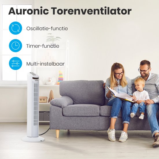 Auronic Torenventilator - Staande Ventilator met Afstandsbediening - Vloerventilator - Timer - Kolomventilator - Fan - 50W - 45dB - 74cm - Wit