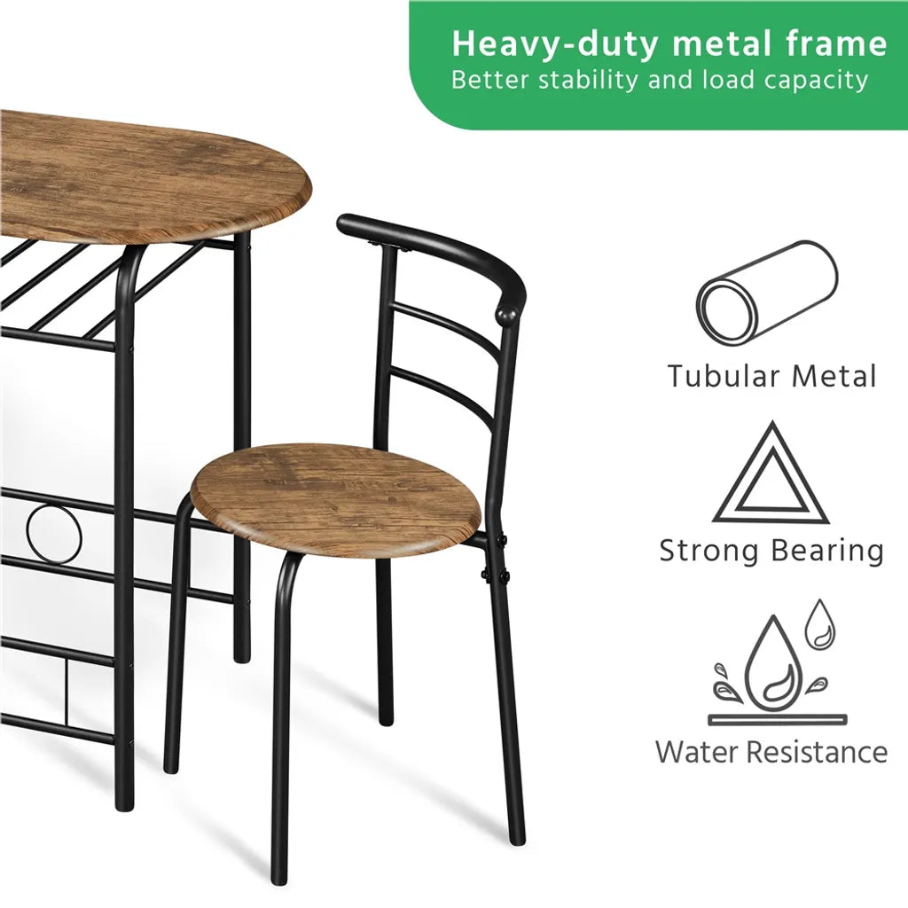 Yaheetech Eethoek 3-delig - Bruin - Eettafel met Opbergplank en 2 Stoelen voor 2 Personen