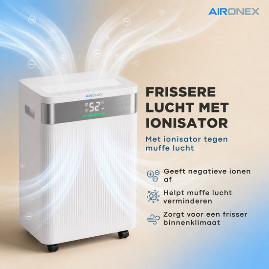 Aironex Luchtontvochtiger 20L per dag – Wasdroogfunctie – Tot 70 m² – Stil – Met App & Ionisator – Voor Kelder, Woonkamer, Slaapkamer & Badkamer – Dehumidifier