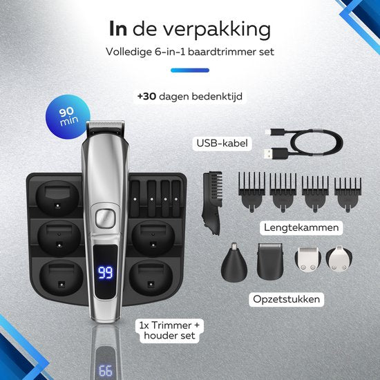 6-in-1 Baardtrimmer Mannen - 6 Verwisselbare Opzetstukken - Trimmer Baard en Lichaam - Bodygroomer - Neus en Oortrimmer