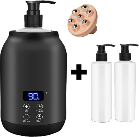 Bolusso Zwarte Massage Olie Verwarmer - Massageolie Verwarmer 30 Tot 65 Graden - Guasha - Massage Apparaat - Inclusief 2 Dispensers & Massage Tool - Elektrische Flessenwarmer- Massage Olie Erotisch