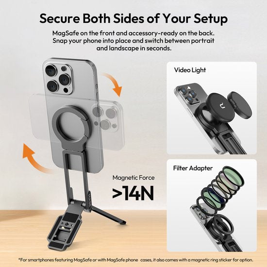 Ulanzi MA38 MagLock Mobiele Telefoonfotostandaard - MagSafe Handgreep en Standaard - Met 2 Cold Shoe Mounts - Aluminium