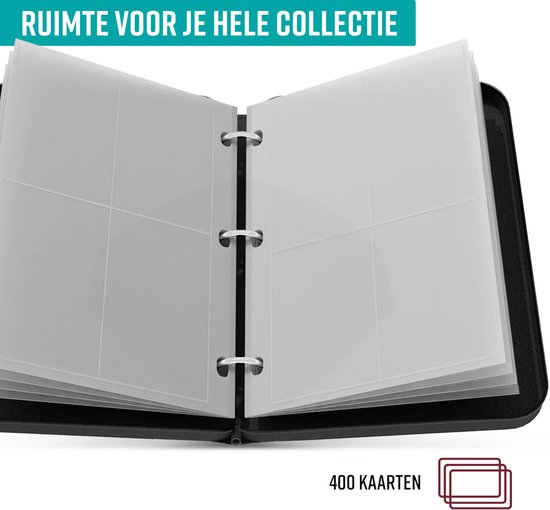 NAPI Verzamelmap voor 400 Kaarten - Binder Map voor Kaarten - 4 Pocket - Kunstleer - Premium Card Binder met Ritssluiting - 50 Pagina's - A5 Formaat - Rood/Wit