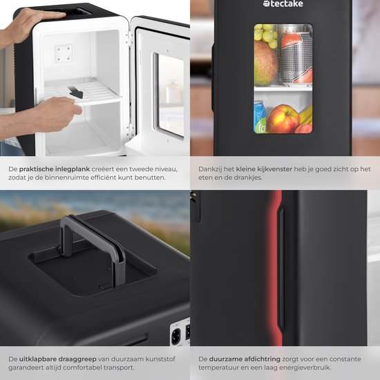 tectake® Mini-Autokoelkast - Draagbare minibar 14L - 2-in-1-functie: koelen en verwarmen - 5 tm 65 °C - Mini Koelkast - Elektrische Koelbox - 12v + 220/240v Aansluiting - Draagbare Campingkoelkast