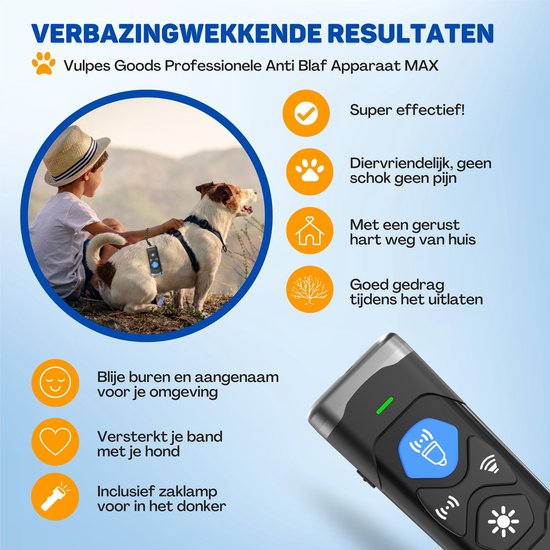 Vulpes Goods® Ultrasone Anti Blaf Apparaat – 4-in-1 Anti Blaf Apparaat Max - Zonder Schok - alternatief Anti Blafband - voor Kleine & Grote Honden - Audio - Flashlight - Zaklamp - USB-Oplaadbaar