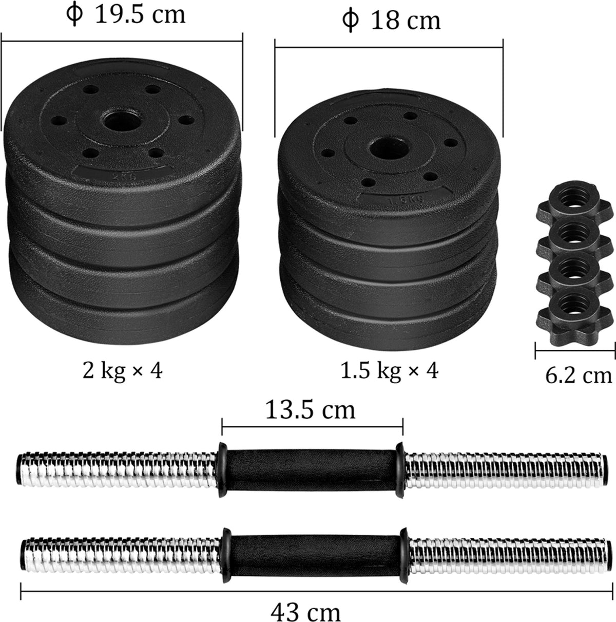 Yaheetech verstelbare dumbbell set 2x 15 kg zwart - 33,7 cm halterstang - Ø30 mm grip