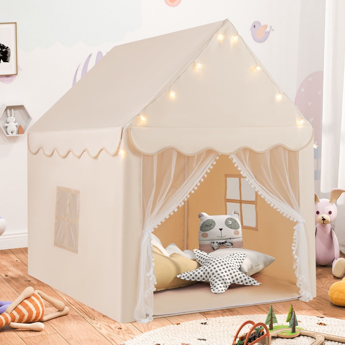 Coast Kinderspeeltent - met sterrenlichtjes en ramen - inclusief mat en dubbele gordijnen - beige