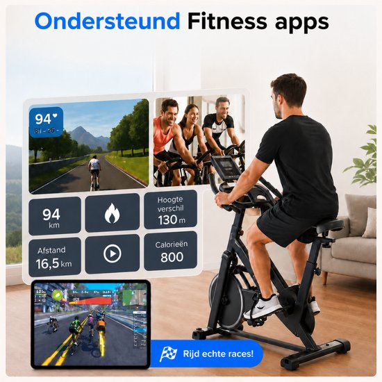 Sportfloww Hometrainer - Fitness Fiets - Spinningfiets - 8KG Vliegwiel - Hartslagmeter - Incl App