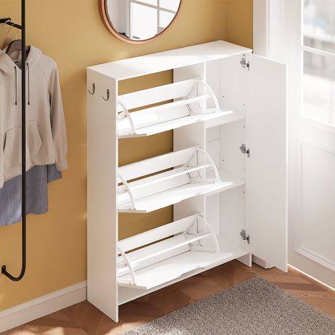 SoBuy Schoenenkast 84 x 24 x 121 cm - Wit - 3 Klepdeuren - 3 Laden - Ruimte voor 12 Paar Schoenen