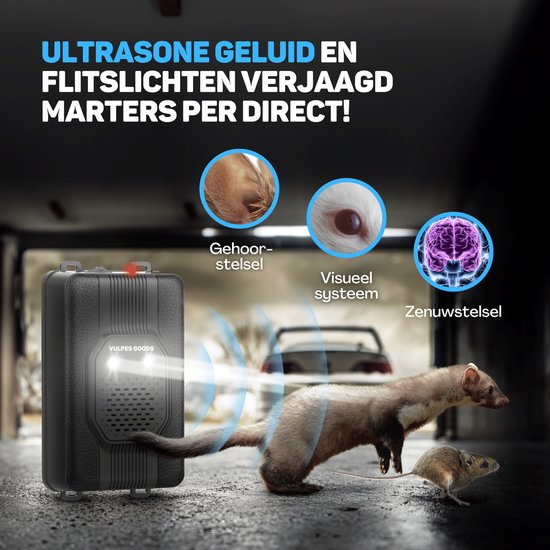 Vulpes Goods® Verjager - Marterverjager - Ongedierteverjager - Multifunctionele Set Binnen & Buiten - Batterijen, 12V & Auto accu - Marters, Muizen & Ratten - Steenmarter Verjager PRO - Incl. Batterijen