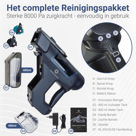 Innovixpro® Tapijtreiniger – Vlekkenreiniger – Krachtige – Bank reiniger – Reinigingsmachine – Sproeifunctie – 2 Opzetstukken – 45 Minuten Accuduur – Draadloze Vlekkenreinger ! – Zwart