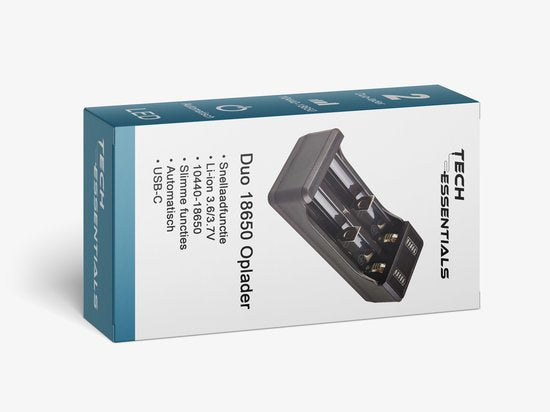 Tech Essentials 2 Slots 18650 Batterij Oplader - USB-C - Li-ion 3,7V - Lithium