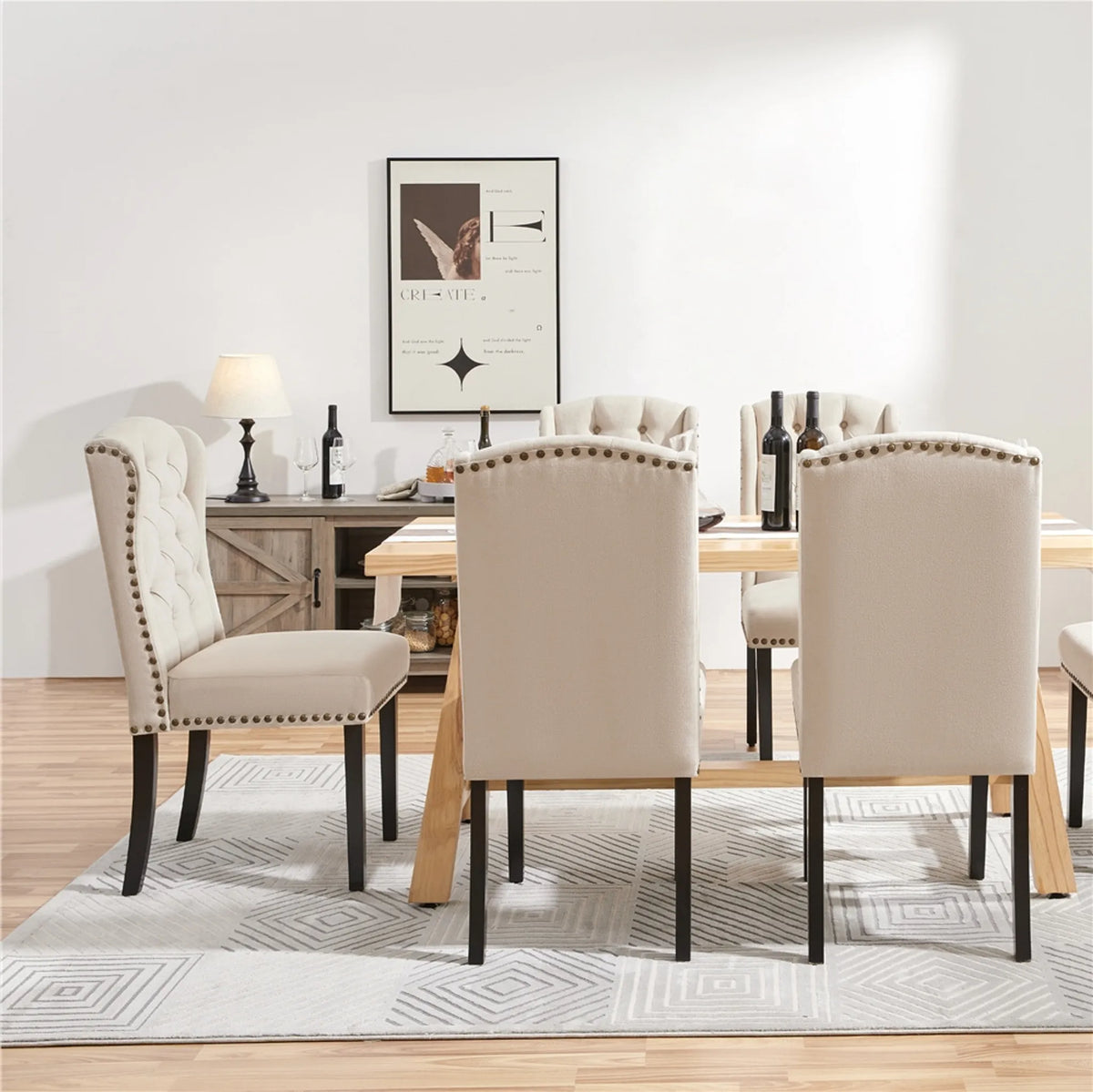 Eetkamerstoelen Set van 2 Vintage Gecapitonneerd met Houten Poten en Siernagels Beige
