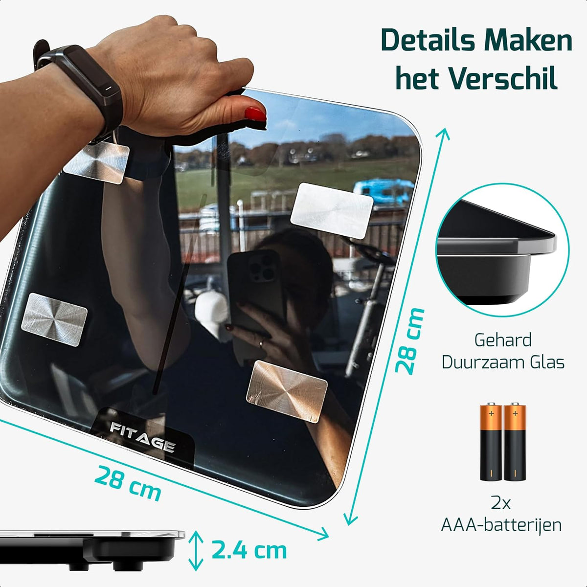 Fitage Digitale Personenweegschaal Slimme Lichaamsanalyse – 17 Metingen – App Koppeling – 180 kg – 28 x 28 cm – Zwart