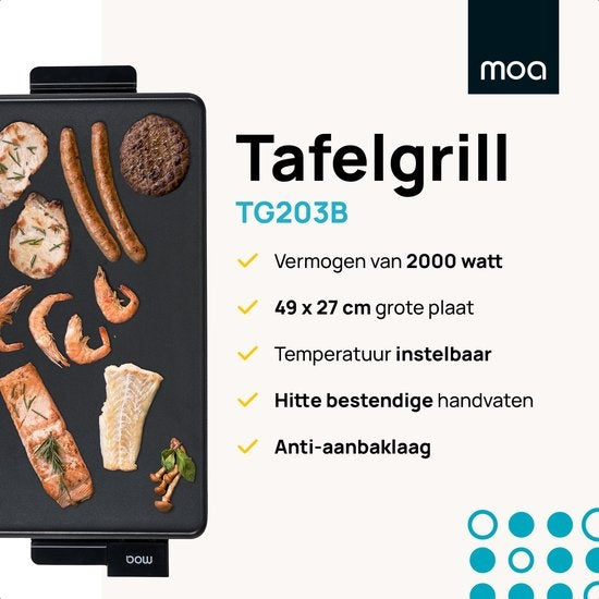 MOA Tafelgrill - Grillplaat - Bakplaat - Teppanyaki - Elektrisch - 56 x 30 cm  - Regelbare Thermostaat - Anti-aanbaklaag - TG203B - Zwart