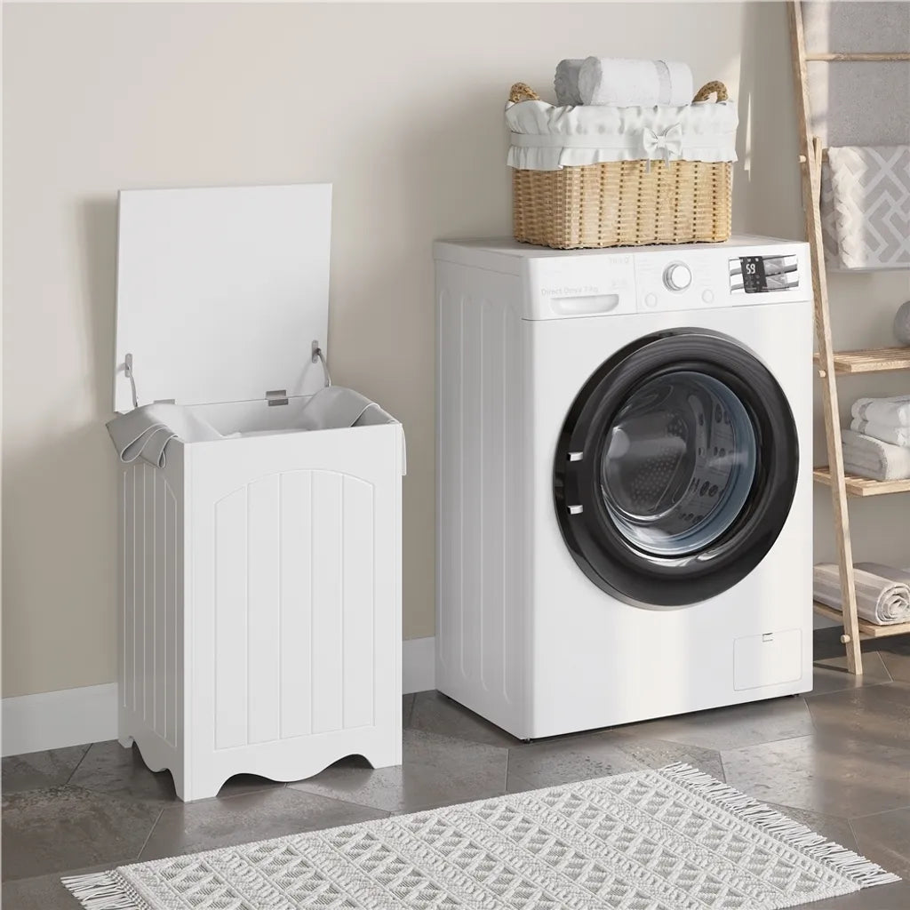 Yaheetech Wasmand met Deksel 96L - Wit - Houten Wasbox met Opbergruimte