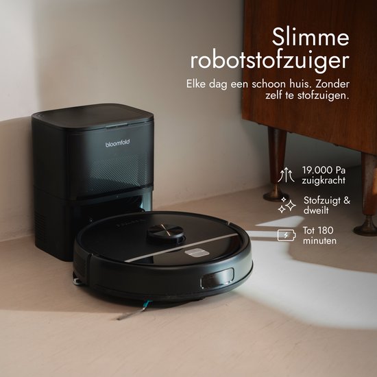 Bloomfold Robotstofzuiger met Dweilfunctie & Leegstation - 19.000Pa Zuigkracht – LiDAR Navigatie - 180 minuten - Slimme AI Robot Stofzuiger - Geschikt voor Huisdierhaar