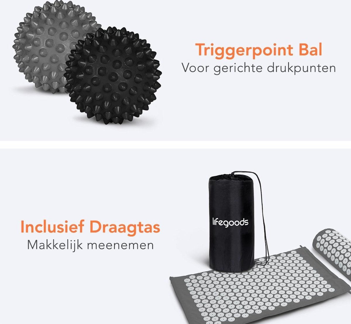 LifeGoods Acupressuur Mat met Kussen - Shakti mat - Spijkermat Incl. 2x Triggerpoint Bal - 66x40x2cm - Grijs/Wit