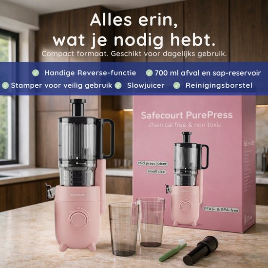Safecourt Kitchen Slow Juicer - krachtige motor [Pre-cutter & Cold-press technologie] - eenvoudige reiniging - BPA-vrij - sapcentrifuge Roze