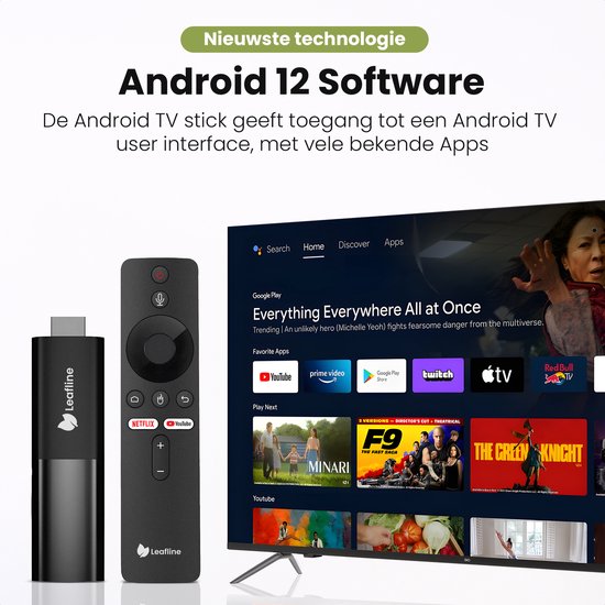 Leafline® Android TV Stick – Google TV Streamer - Ingebouwde Chromecast - Android TV Box – Met Afstandsbediening & Spraakbesturing