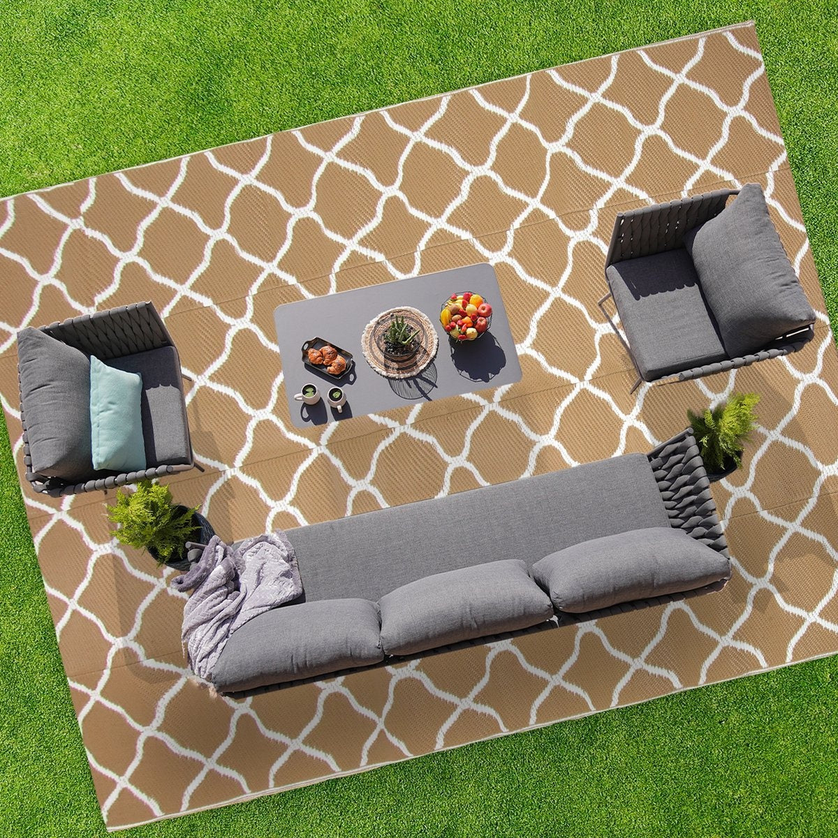 LifeGoods Buitenkleed - 274x350CM - Vloerkleed - Tuintapijt - Buitentapijt - Omkeerbaar - Incl. Draagtas - Met Patroon - Beige/Wit
