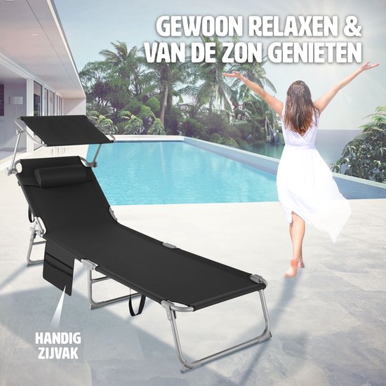 tectake® - ligbed Zonnestoel ligstoel - 4 standen, inklapbaar – zwart - 68 x 190 x 28 cm, met zijvak