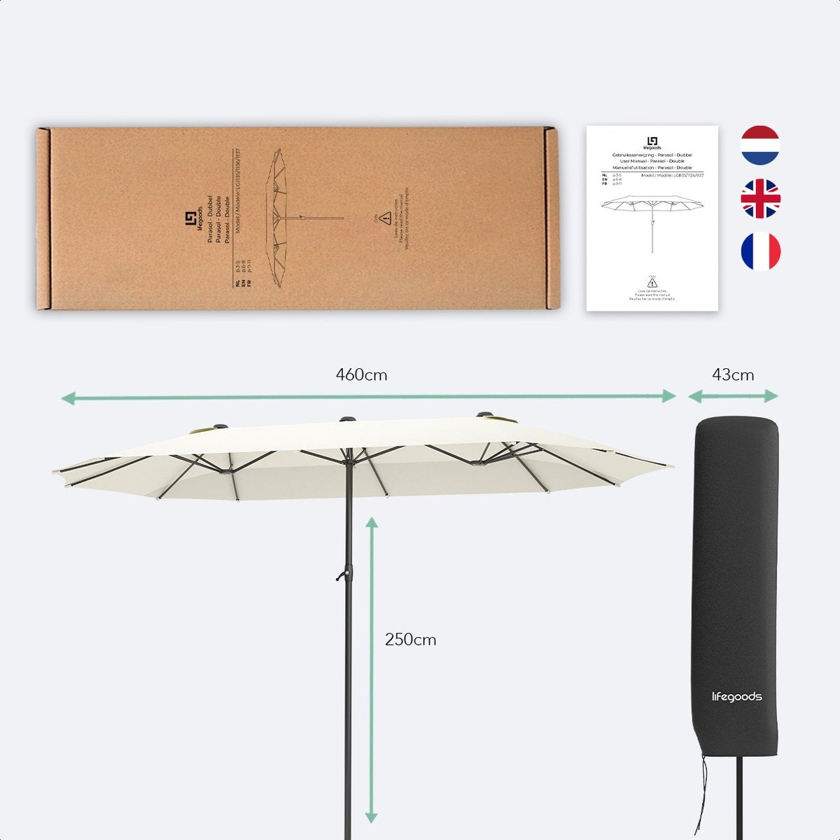 LifeGoods Dubbele Parasol - 270x460cm - tot 15 Personen - Waterdicht - met Hoes - Crème