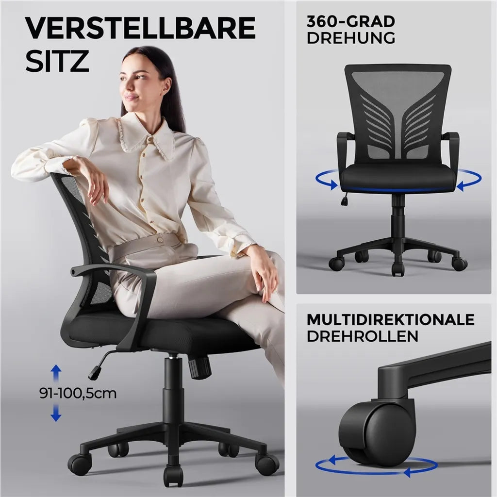 Yaheetech Bureaustoel - Ergonomisch - Met Wipfunctie - Verstelbaar - Draaibaar - Zwart