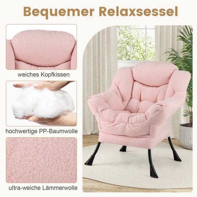 Coast Roze Loungestoel met Armleuningen, Hoofdkussen & Zijvak – Relaxfauteuil met Optionele Voetenbank – Sherpa – Roze