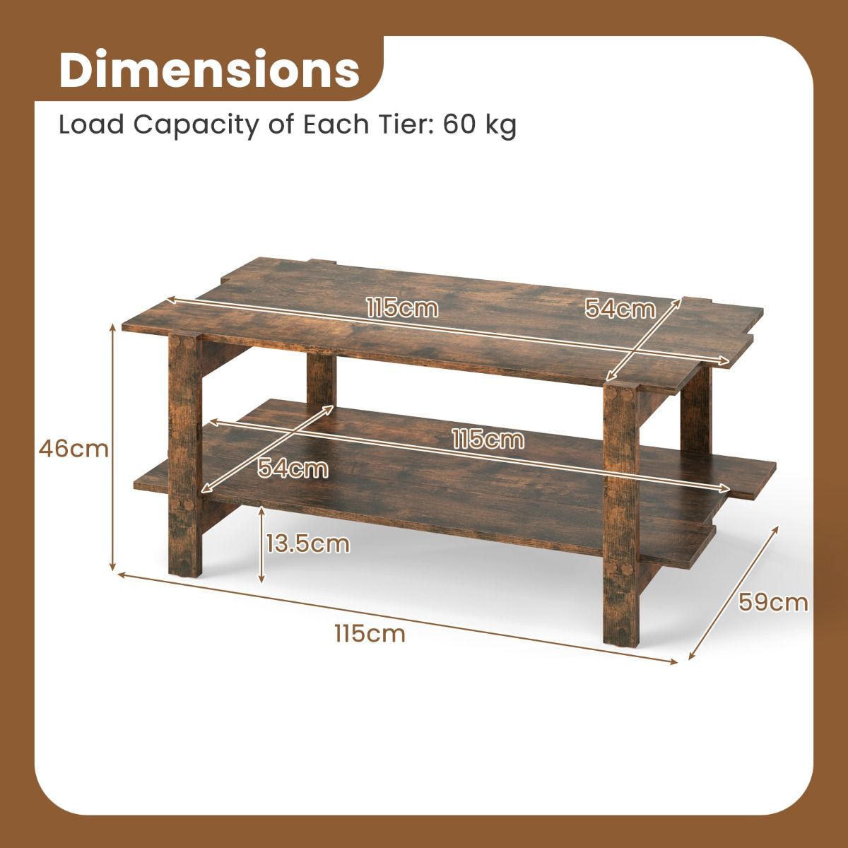 Coast Salontafel - 2 niveaus - met opbergplank - walnoot/zwart - 115 x 59 x 46 cm