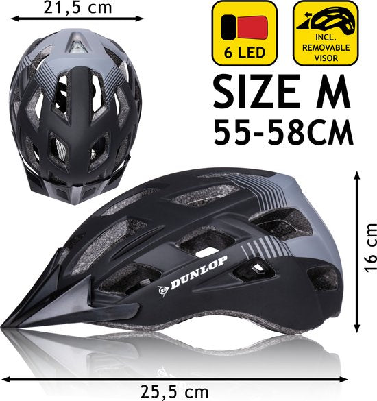 Dunlop Fietshelm - Mountainbike Helm - Maat M - Verstelbaar 55-58cm - LED Verlichting - Zwart