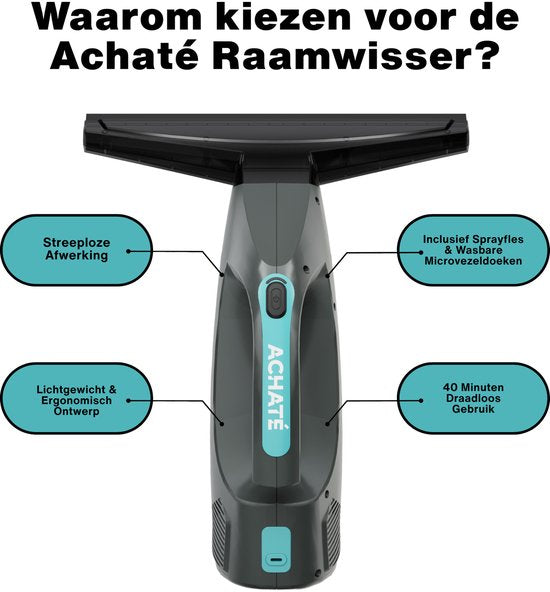 Achaté Vacuum Raamwisser – Elektrische Ruitenreiniger – Oplaadbare Ramenwasser – Met Inwasser – 40 min Accu – Raamzuiger voor Streeploos Schone Ramen en Spiegels