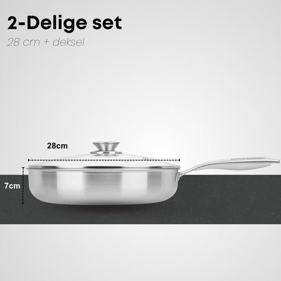 Savoré Kitchen Hapjespan 28cm met Deksel – Inductie Geschikt – RVS Sauteerpan - PFAS Vrij